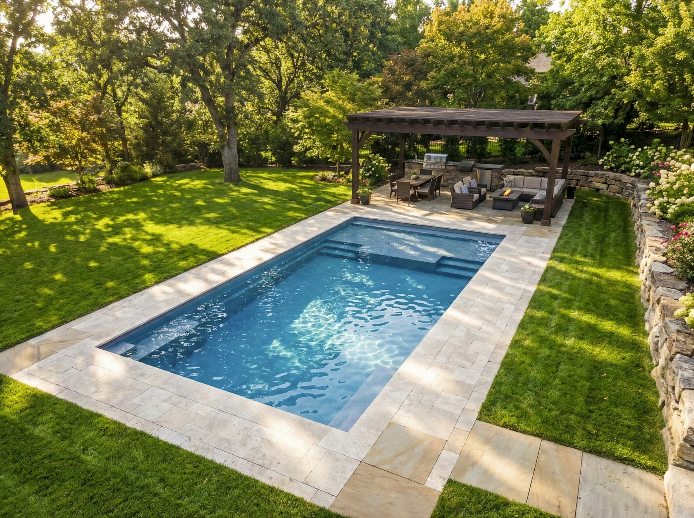 Completed fiberglass pool and outdoor living space